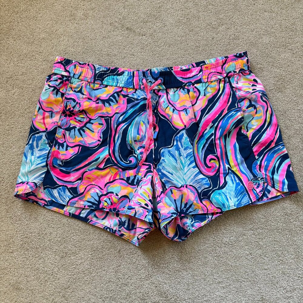 Lilly Pulitzer Nylon Swim Shorts Women's L Beach Flamingo Seashells Pockets